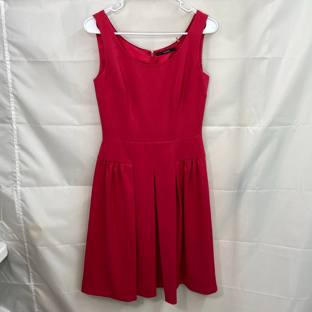 Tahari women's raspberry red fit and flare sleeveless pleated stretch knee dress